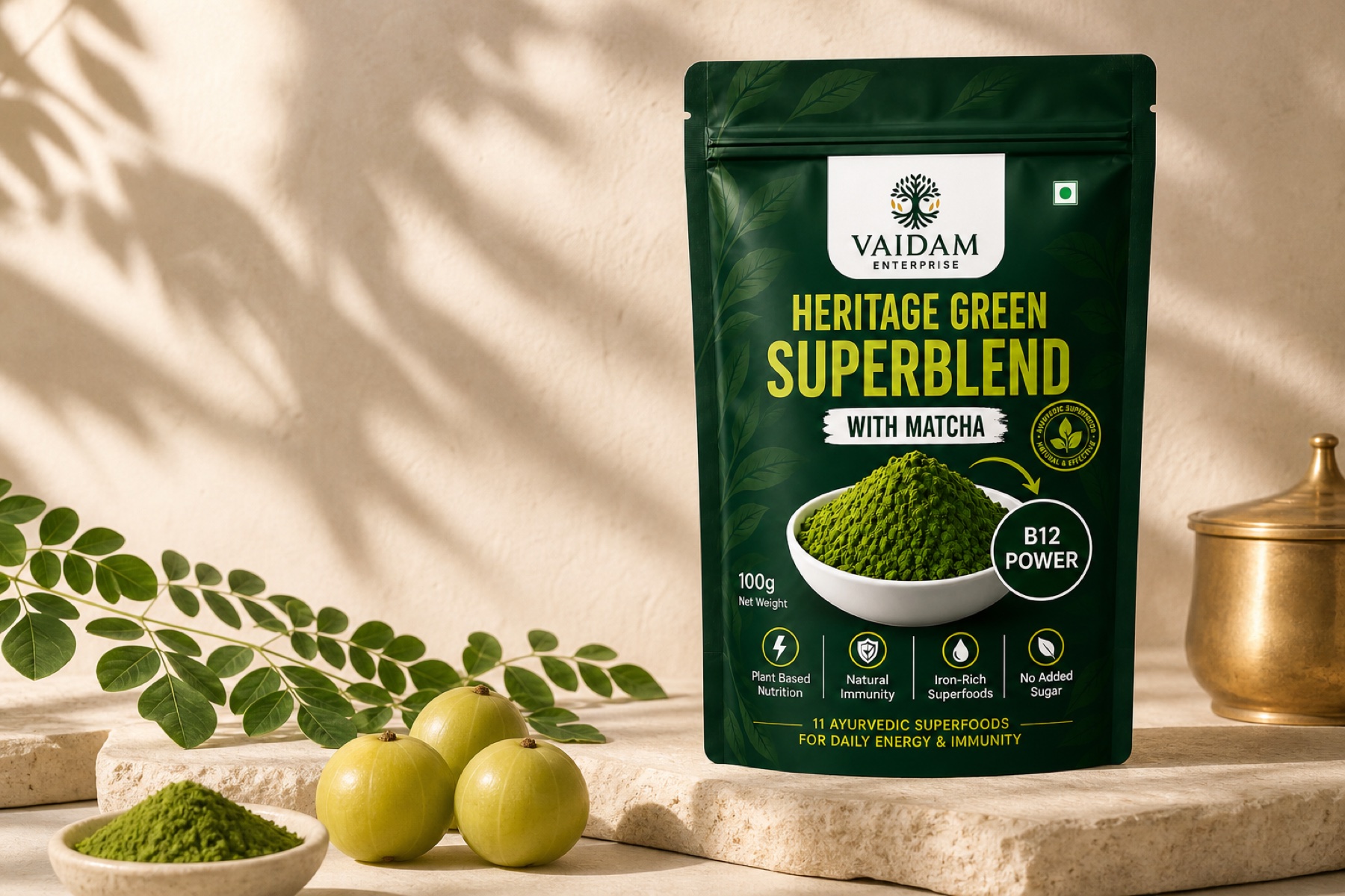 Vaidam Heritage Green Superblend pouch styled with amla, moringa, matcha and botanical shadows