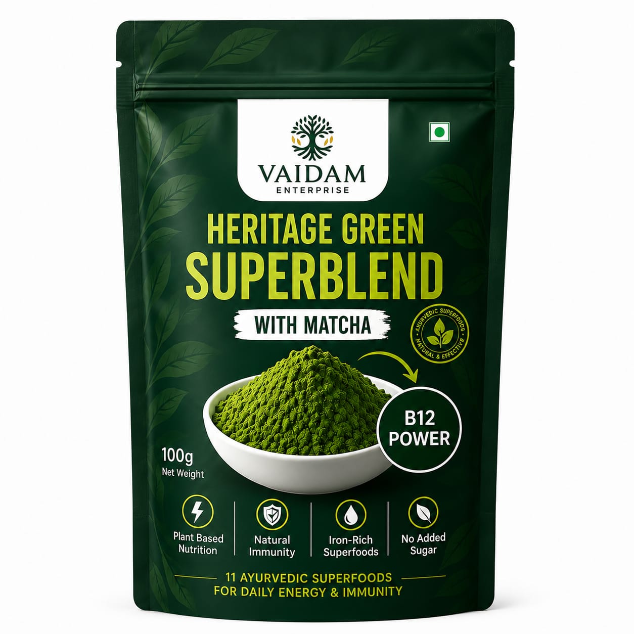 Front of Vaidam Heritage Green Superblend pouch